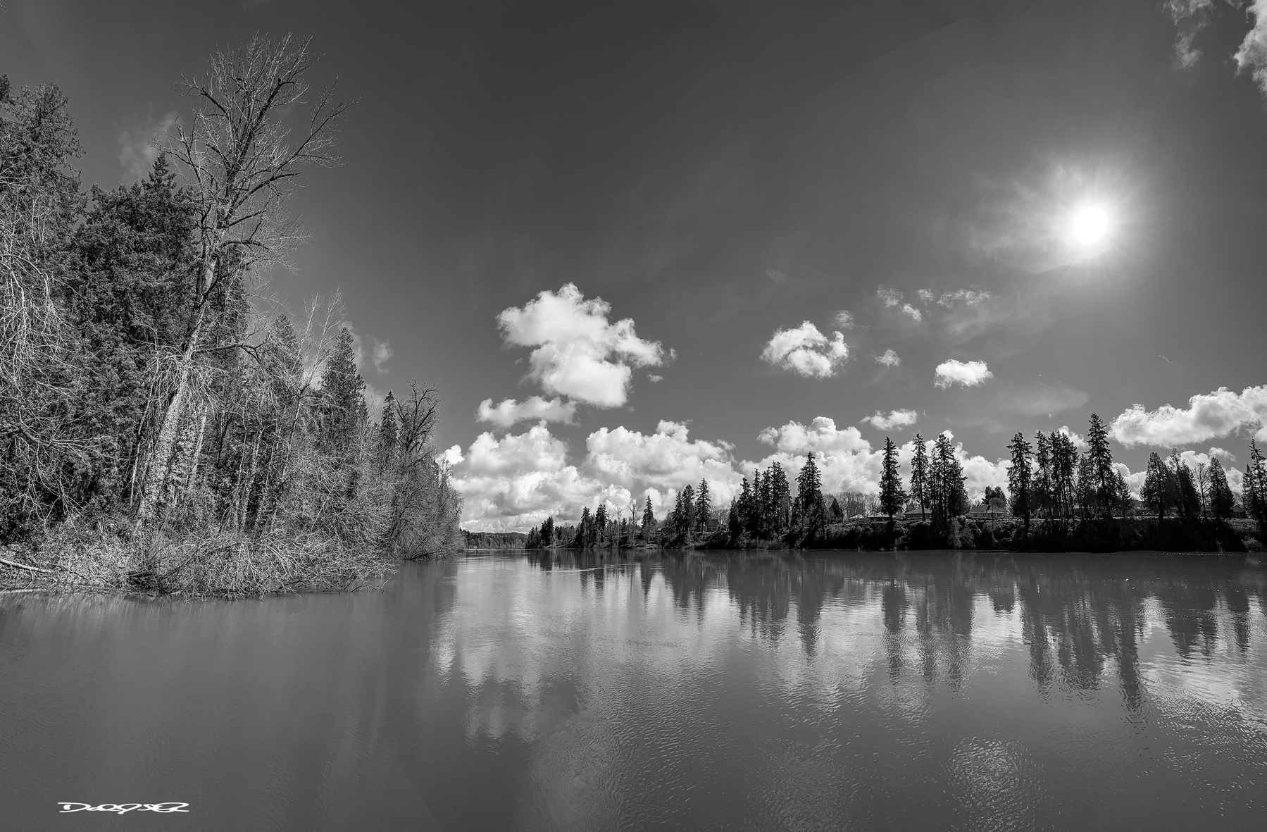 A monochrome photo of puffy clouds, and clear sky over the glassy Willamette River surrounded by trees.