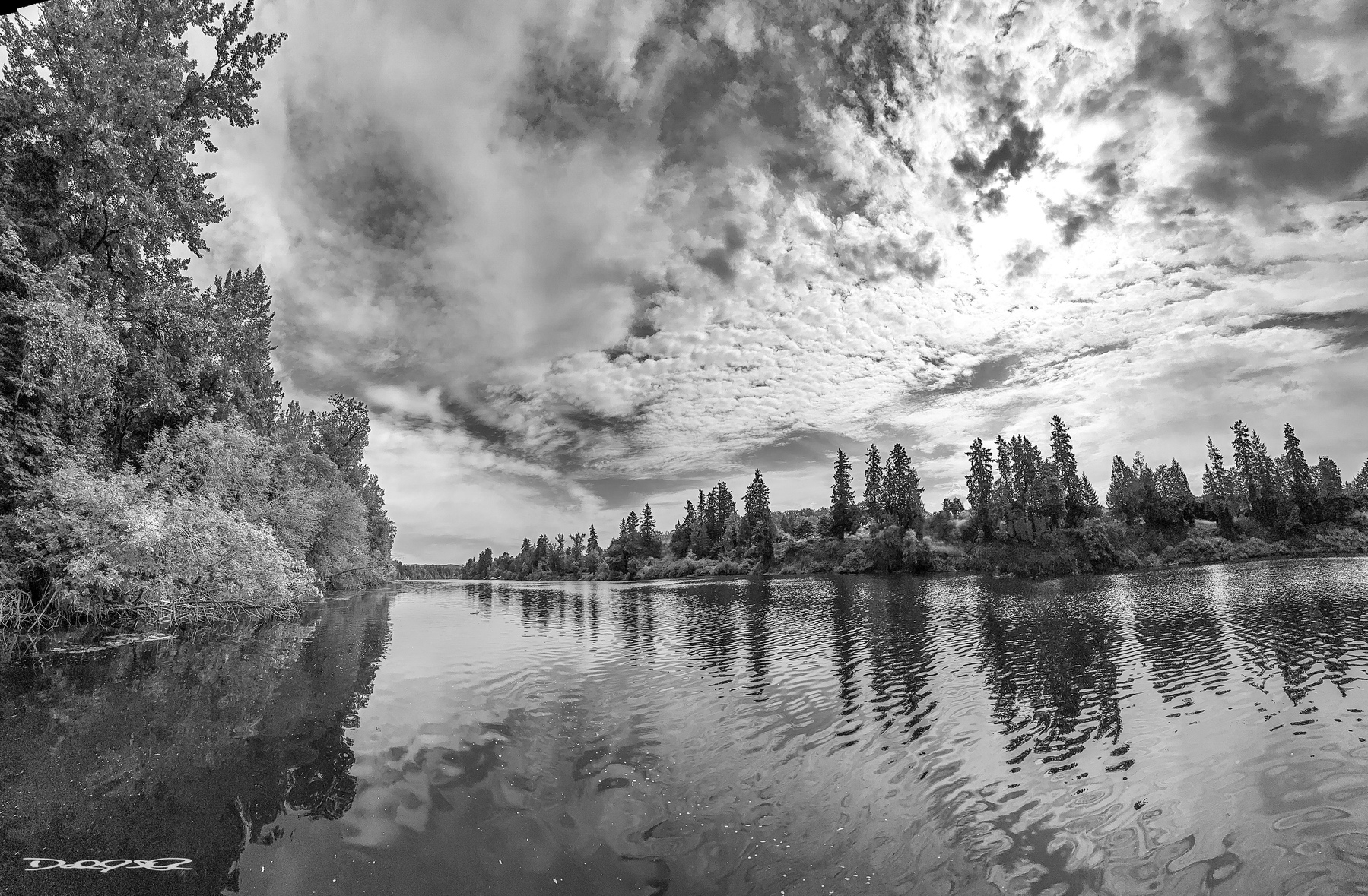 A serene riverscape features a tranquil waterway lined with trees under a dramatic cloudy sky, captured in black and white.