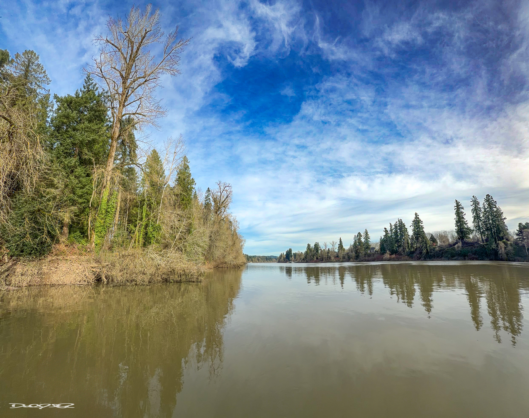 A calm Willamette River is flanked by lush trees under a partly cloudy, blue sky.