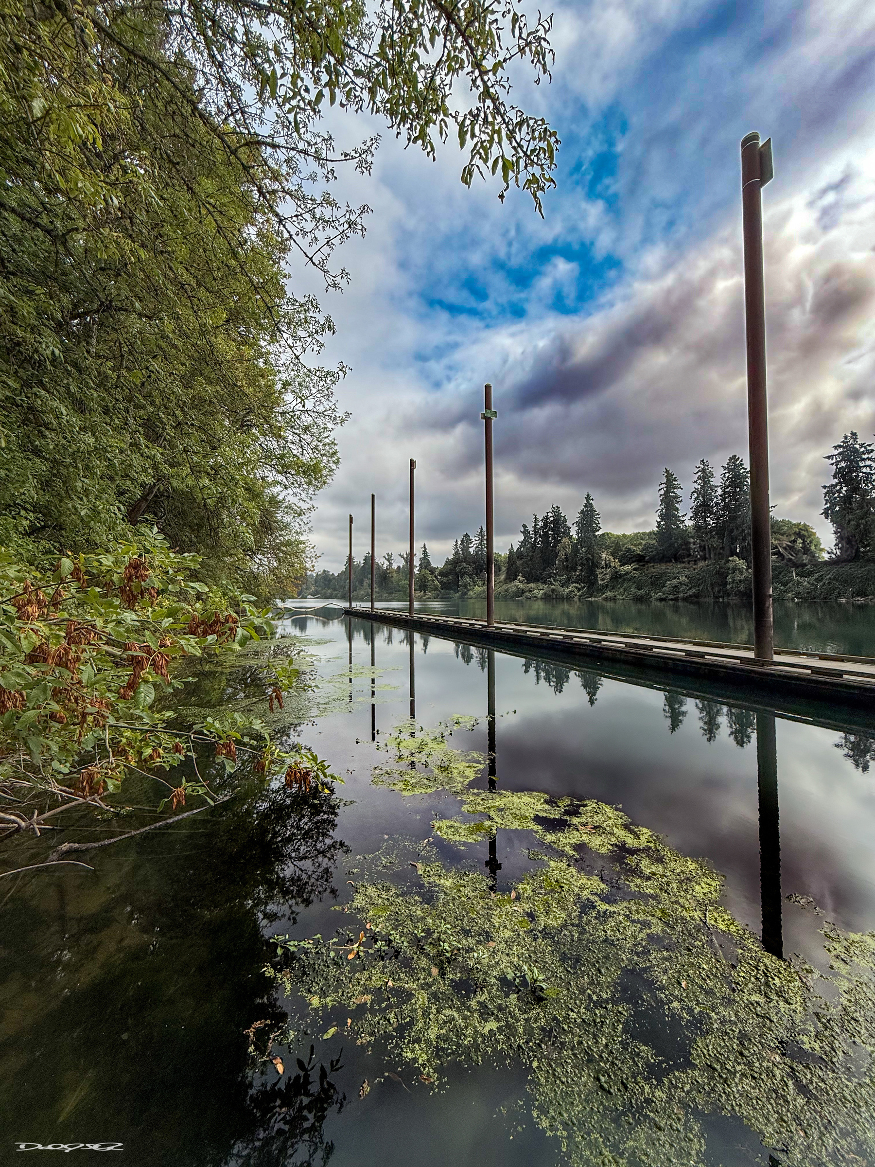 A serene waterway is lined with tall wooden posts and surrounded by lush greenery under a partly cloudy sky.