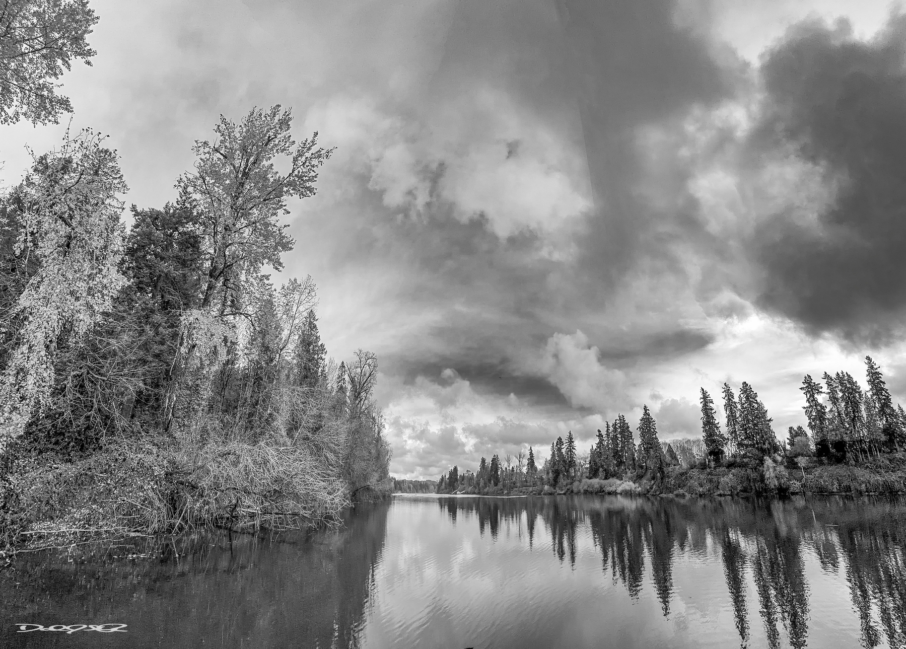 A serene black and white landscape features a reflective body of water surrounded by trees under a dramatic, cloudy sky.