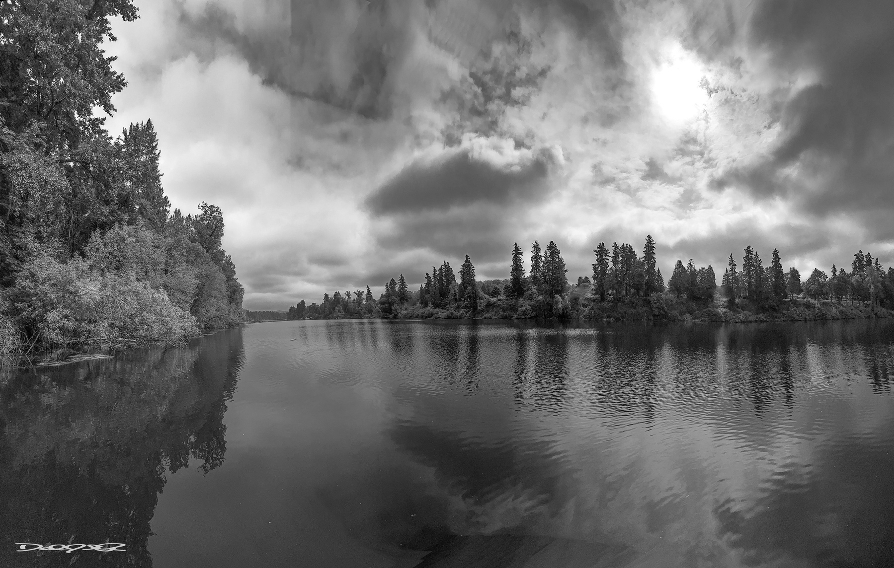 A tranquil lakeside scene is depicted in black and white, with trees lining the shore and clouds partially covering the sky.