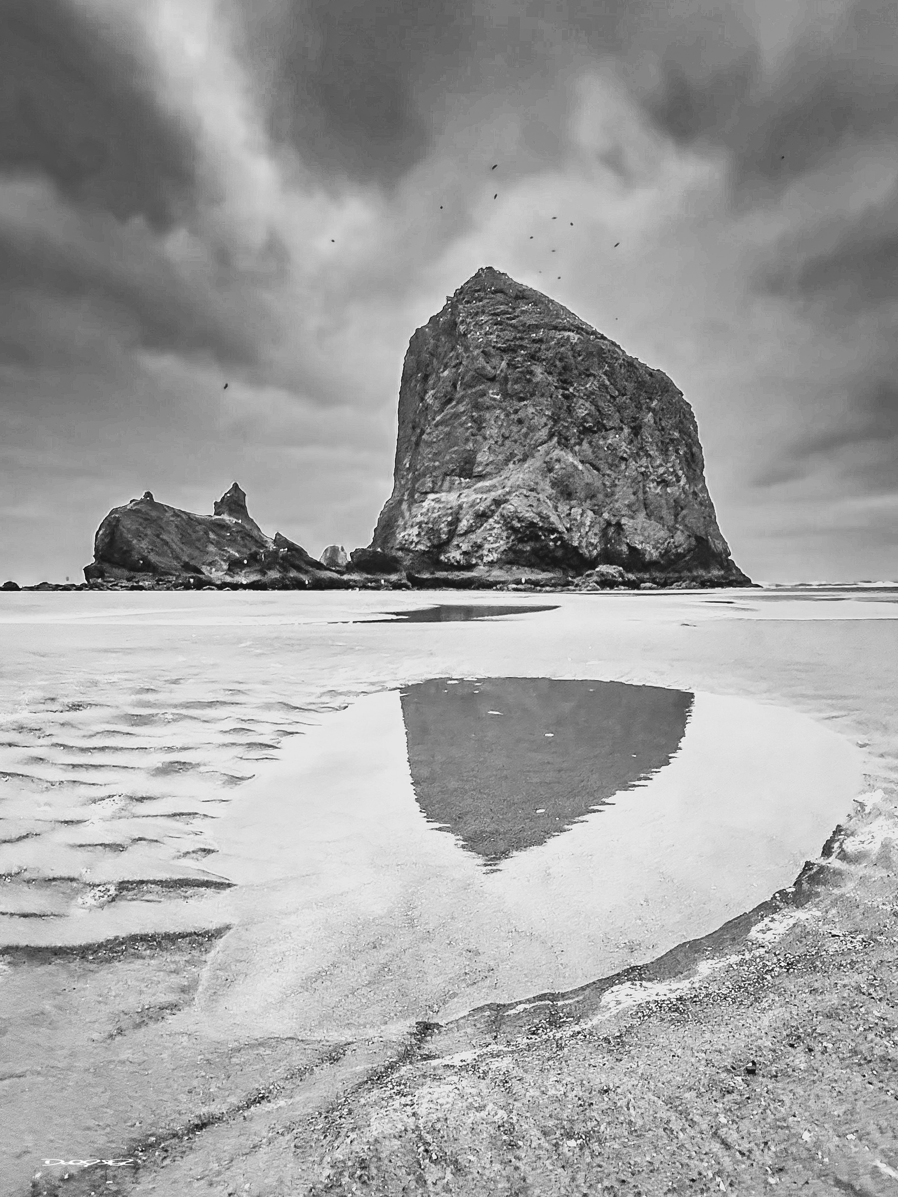 A large rock formation called Haystack Rock rises from the sandy beach with a reflective tide pool in the foreground under a cloudy sky at dawn.