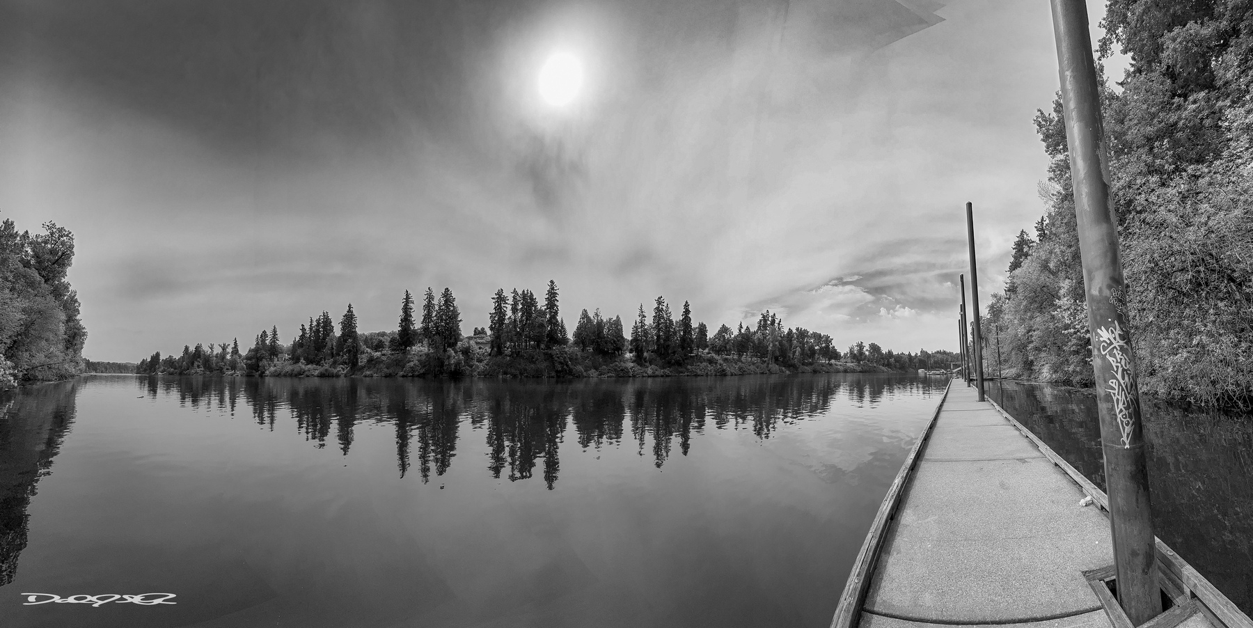A serene black and white scene features a calm Willamette River with a dock extending into the water, surrounded by trees and a softly glowing sun.