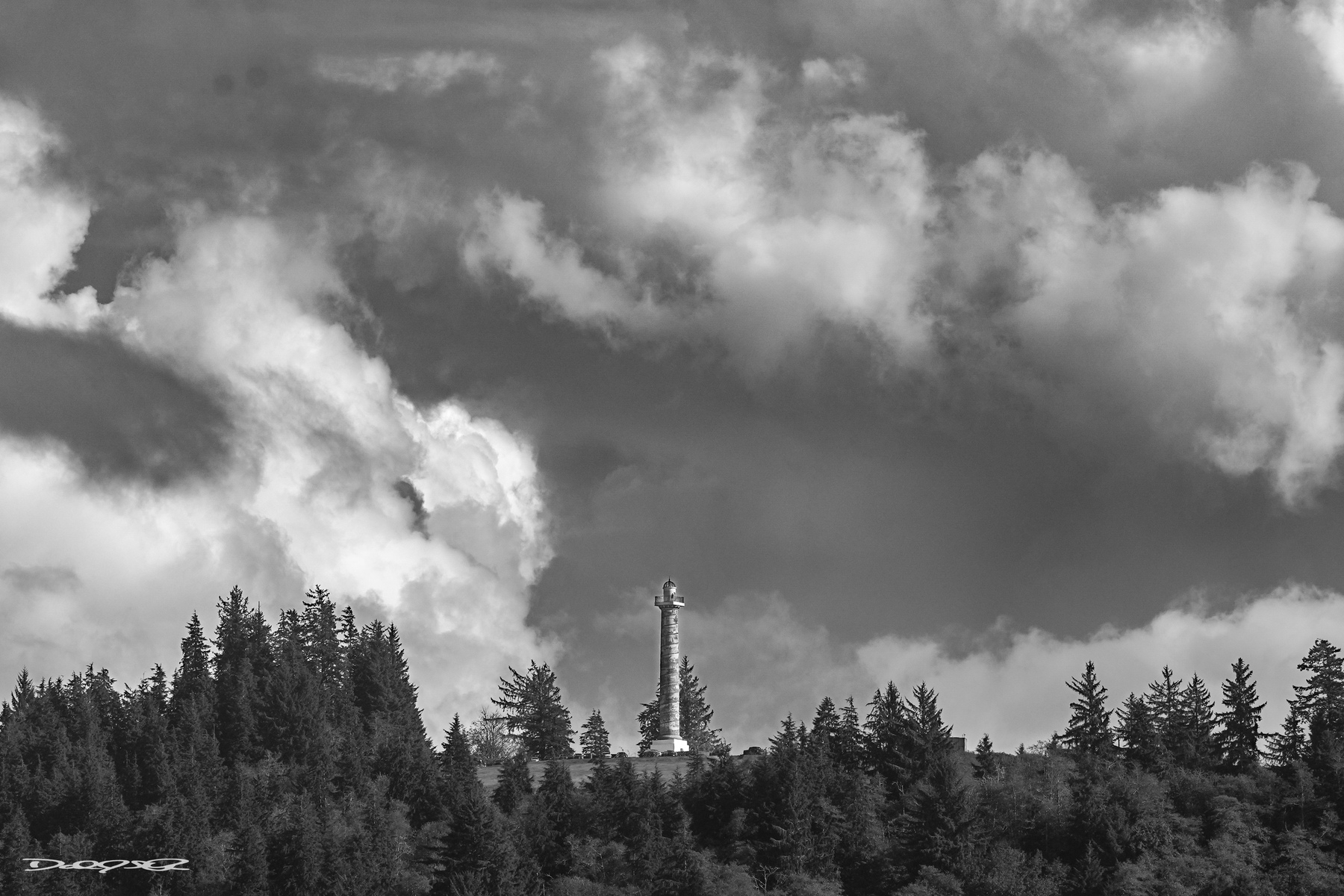 The Astoria Column rises above a forested landscape, framed by dramatic, cloud-filled skies in a monochrome image.