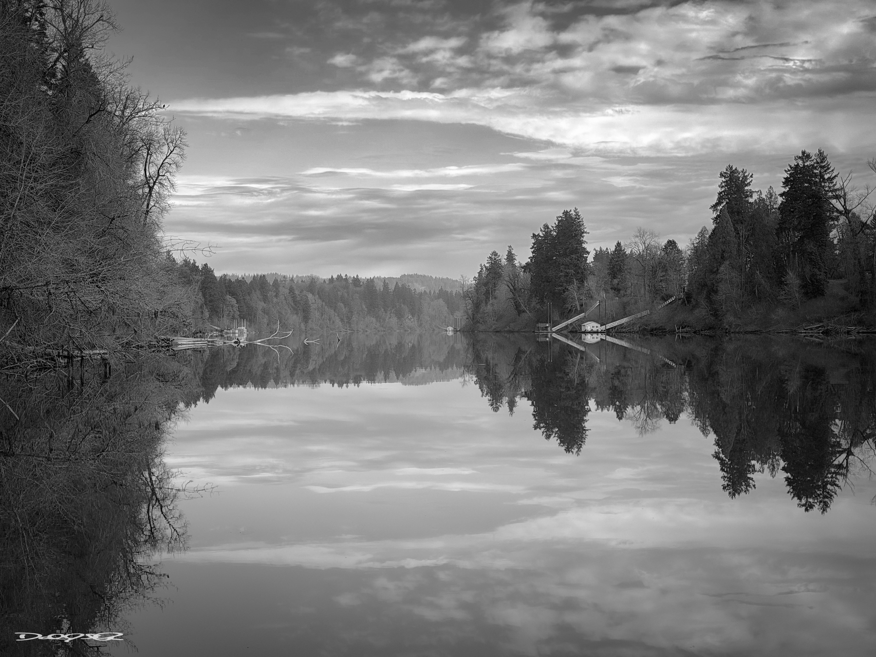 A serene black and white landscape features a calm river flanked by trees, reflecting the sky and surrounding forest.